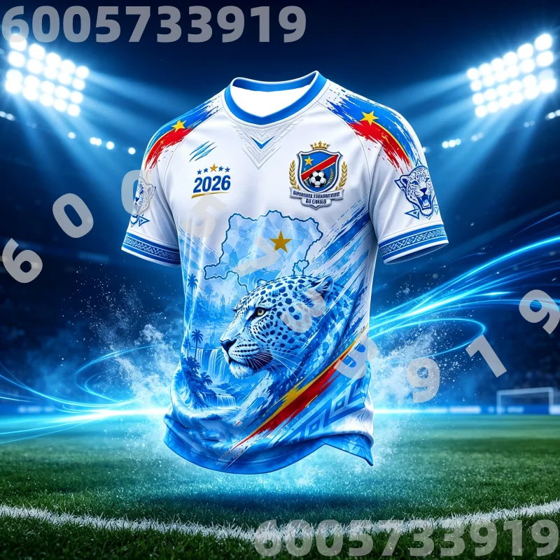 2026 Men's DR Congo Leopard Map 3D Print Short Sleeve Football Jersey T-shirt Suitable for Daily Training Wear Family Kids Tees