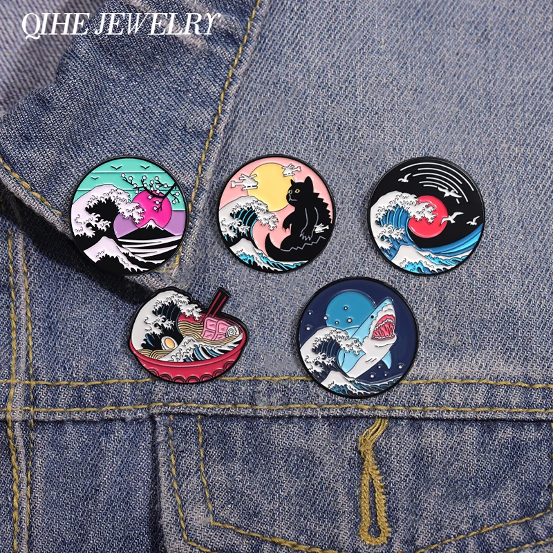 Art The Great Wave Of Kanagawa Enamel Pins Custom Sunset Shark Cat Comic Scenery Brooch Bag Lapel Badge Jewelry Gift for Friends