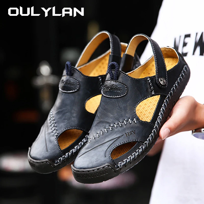 Men\'s High Quality Sewn Shoe Size 38~48 Men\'s Oversized Sandals Spring Summer Trendy Leather Beach Shoes for Men Casual Slippers