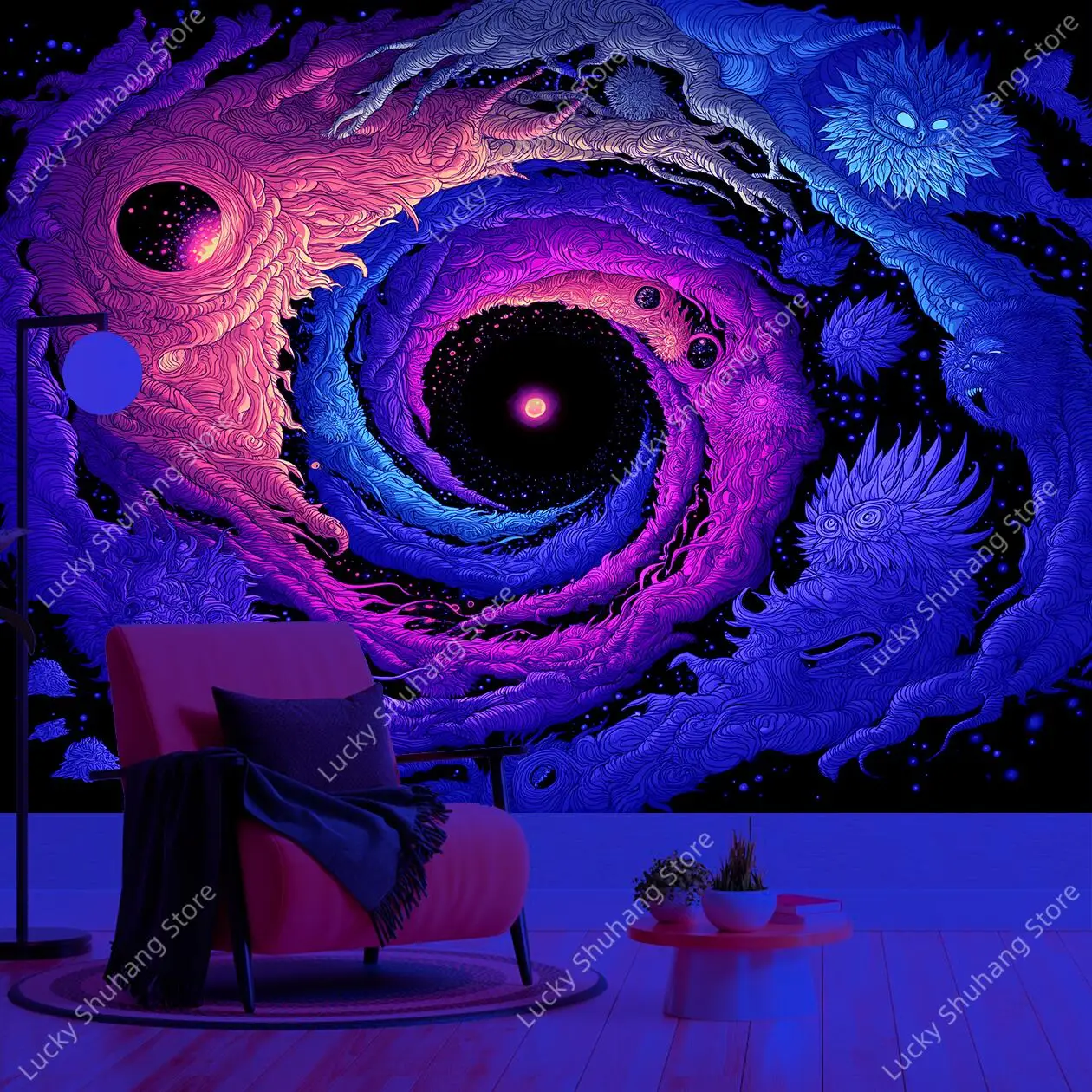 Vibrant Cosmic Vortex UV Tapestry with Glowing Core Monstrous Creatures and Starry Space for Fantasy Room Bedroom Decor