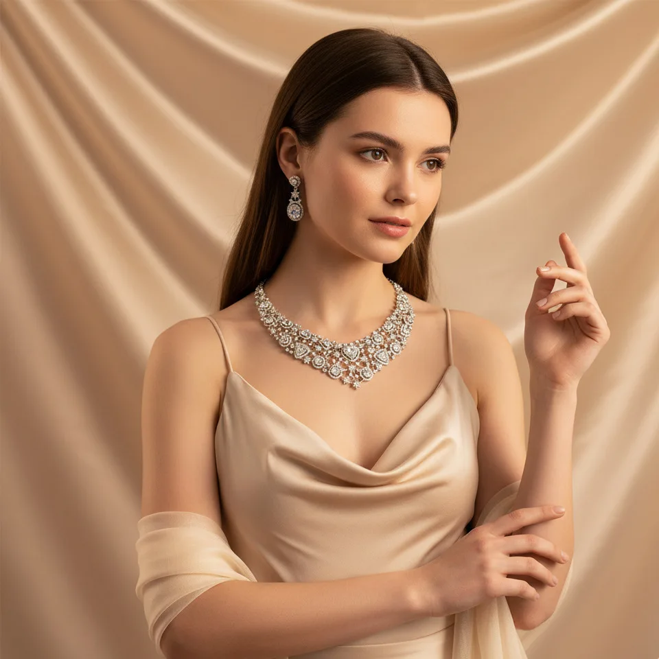Fashion Zircon luxury shiny diamond Necklace Earrings Women's 2PCS set Jewelry Dubai Saudi Arabia bridal wedding Dinner