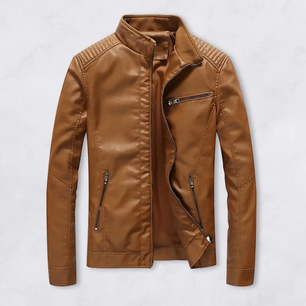 Men Faux Leather Coat Stylish Men's Faux Leather Jacket with Stand Collar Zipper Placket Slim Fit Solid Color Outwear for Fall