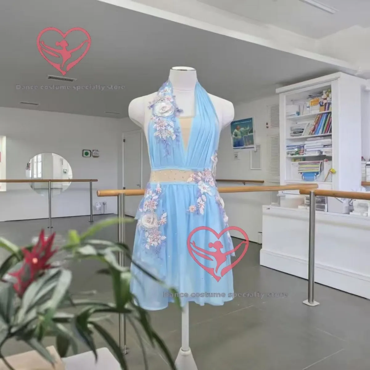 Bloom-Kissed Sky Blue Halter Lyrical Dance Dress – Sheer Waist Kids Princess Costume