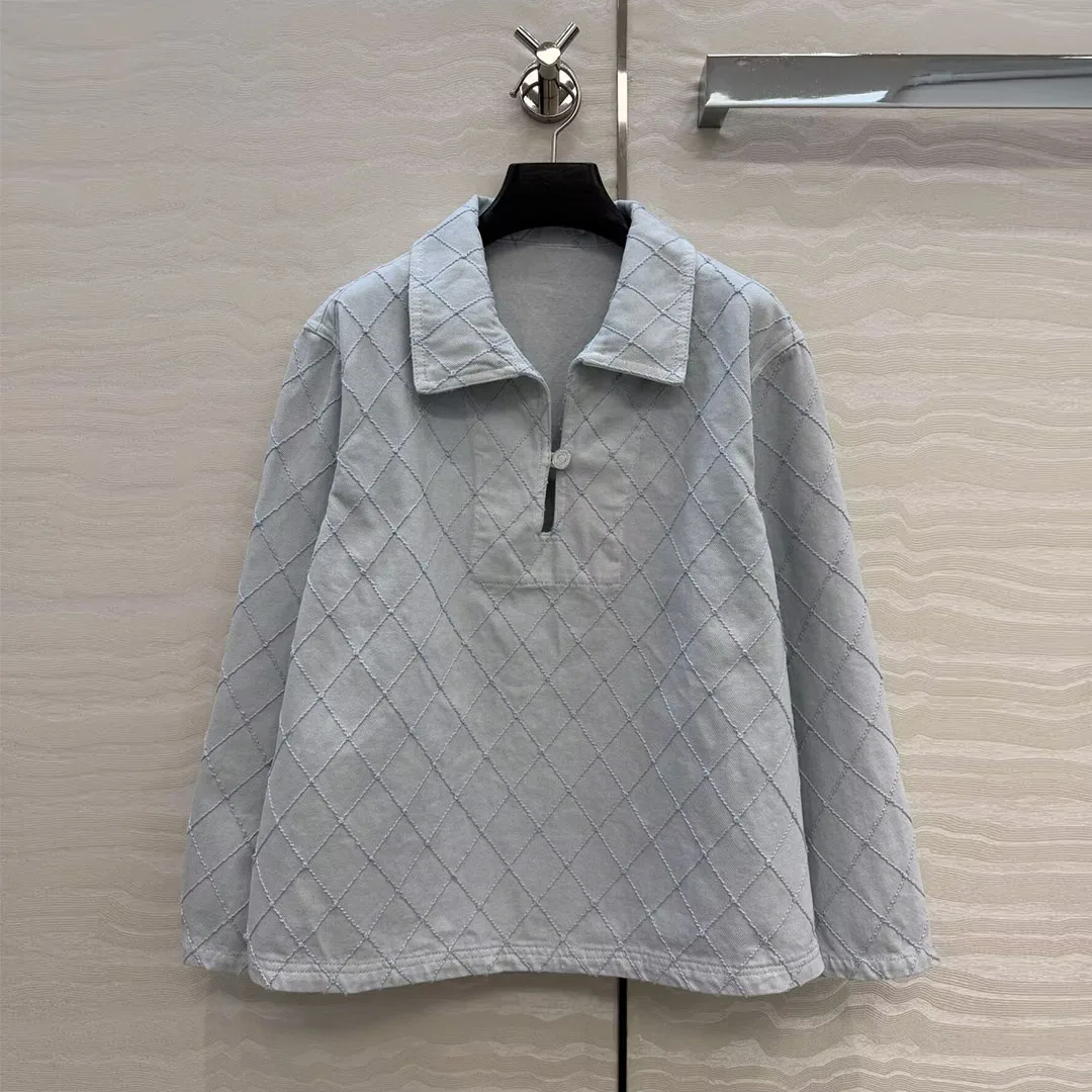 2026 New Autumn Fashion Loose Embroidery Argyle Pattern Denim Jacket Women Lapel Zipper Long Sleeve Chic Coat