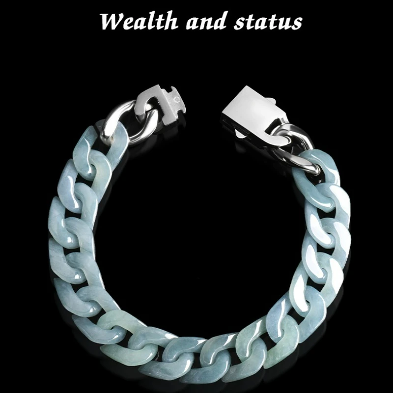 

Jia Le / Natural A-grade Jadeite Bean Green Bracelet Jade Titanium Steel Style Personalized Fashion Men and Women Couples Gift