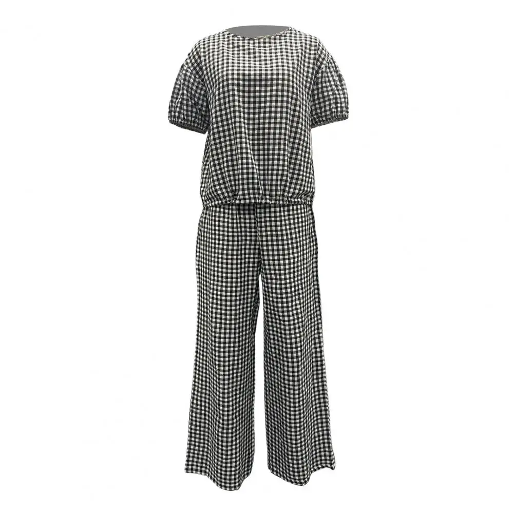 Легкий женский спортивный костюм, весенний женский комплект из топа и брюк с принтом в клетку, футболка с рукавом три четверти и круглым вырезом и широкими штанинами