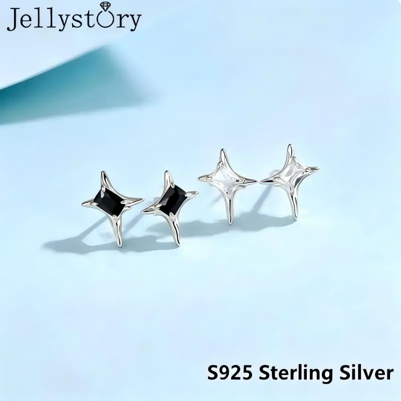S925 Sterling Silver Four Pointed Star Zircon Earrings Niche Irregular Luxury Personality Trendy Unisex Jewelry Gift