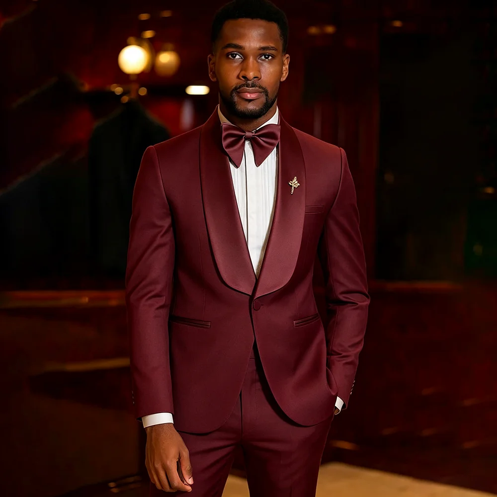 Elegant Burgundy Men's Tuxedo Suit Satin Shawl Lapel 2 Piece Jacket+Pants Formal Wedding Dinner Prom Party Gentlemen Costume