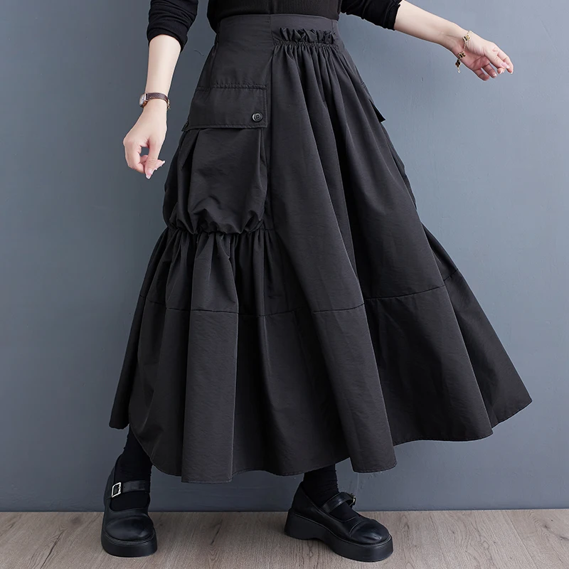 Gonna a trapezio a pieghe a vita alta Abbigliamento da lavoro patchwork da donna Vestibilità ampia con grandi kets Primavera Autunno Nuovo Sle