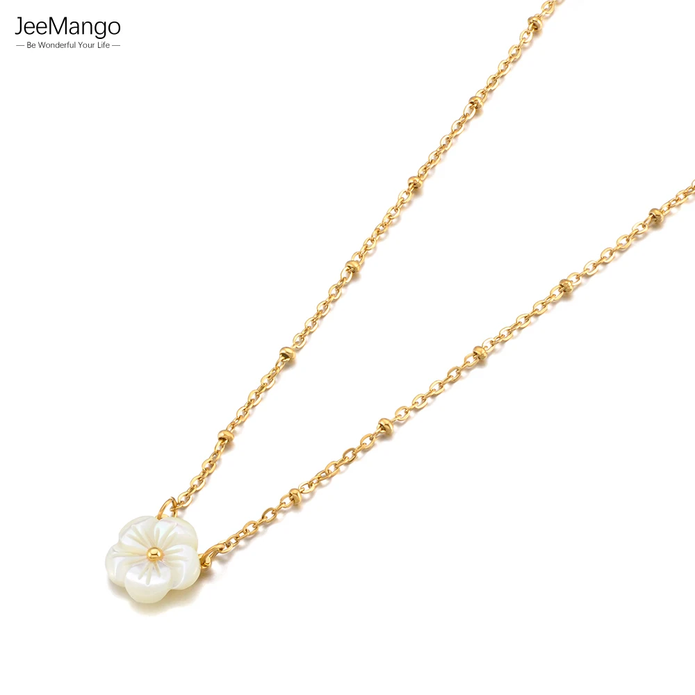 JeeMango Edelstahl-Halskette mit Muschel-Blumen-Anhänger für Damen, Vintage-Goldfarbe, Schlüsselbeinkette, Schmuck N26025