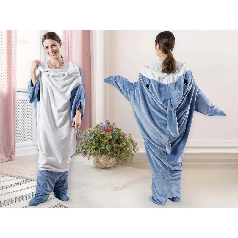 Shark Cosplay Onesie Pajamas  Flannel Loose Couple Adult Camping Sleeping Bag Wearable Blanket Funny Gifts Pajama Party Costume