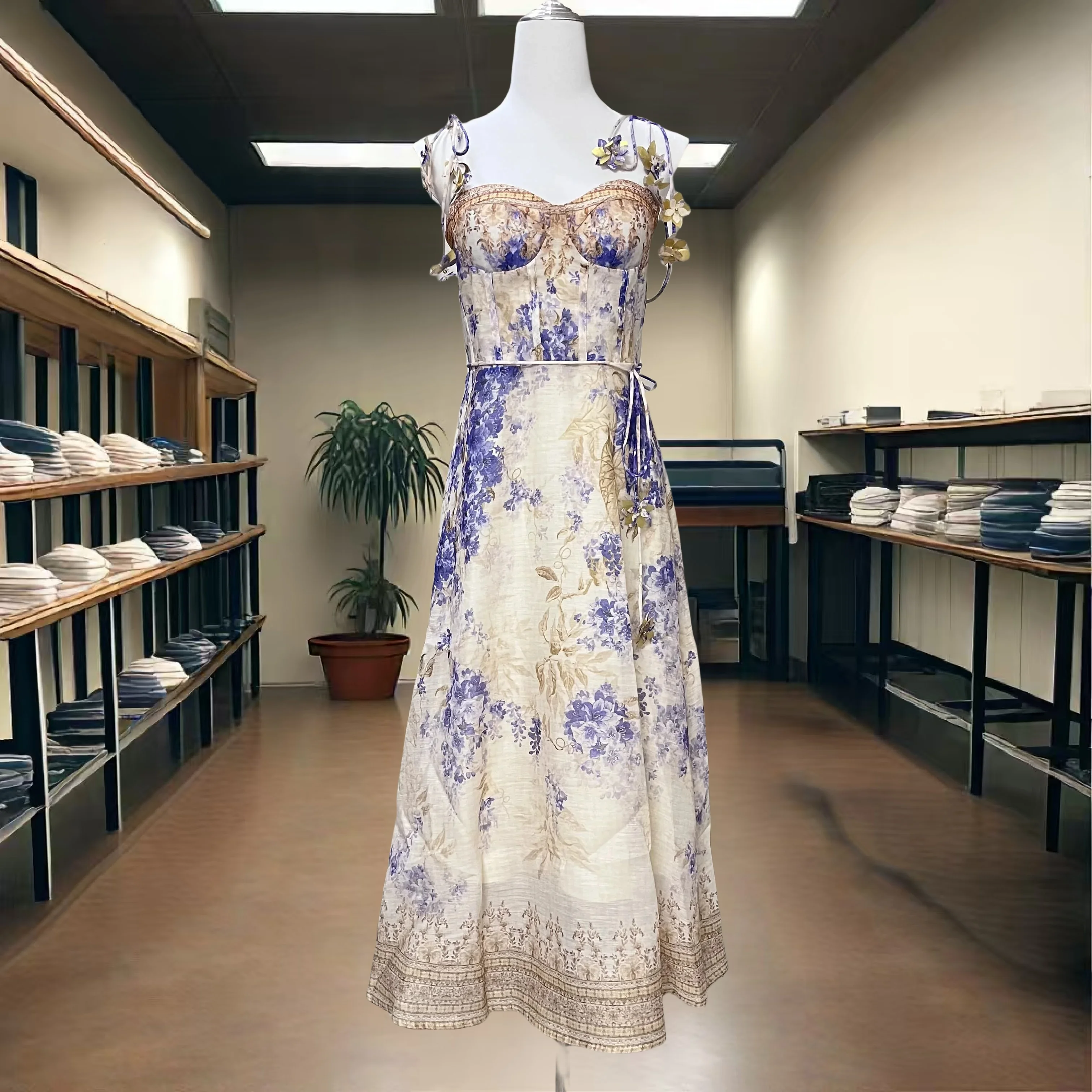 

,, Strap Dress for Women Summer New Socialite Printed Dress with Waist CinchingaWomen's Strapless Long Dress