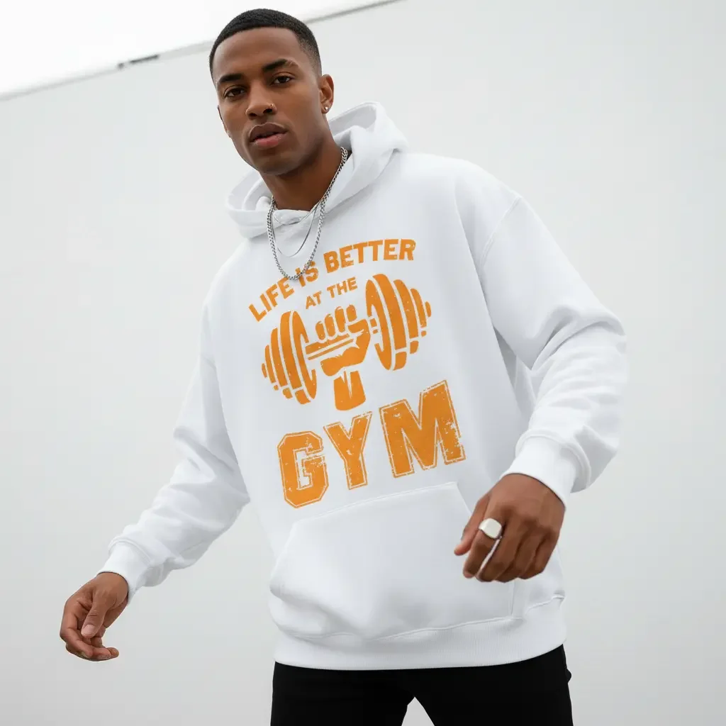 Men's LIFE IS BETTER AT THE GYM Graphic Hoodie - Cotton Blend Long Sleeve Pullover Regular Fit | Soft & Breathable Fabric, Durable Print, Everyday Comfort, Machine Washable, Casual Fitness Outdoor Urban