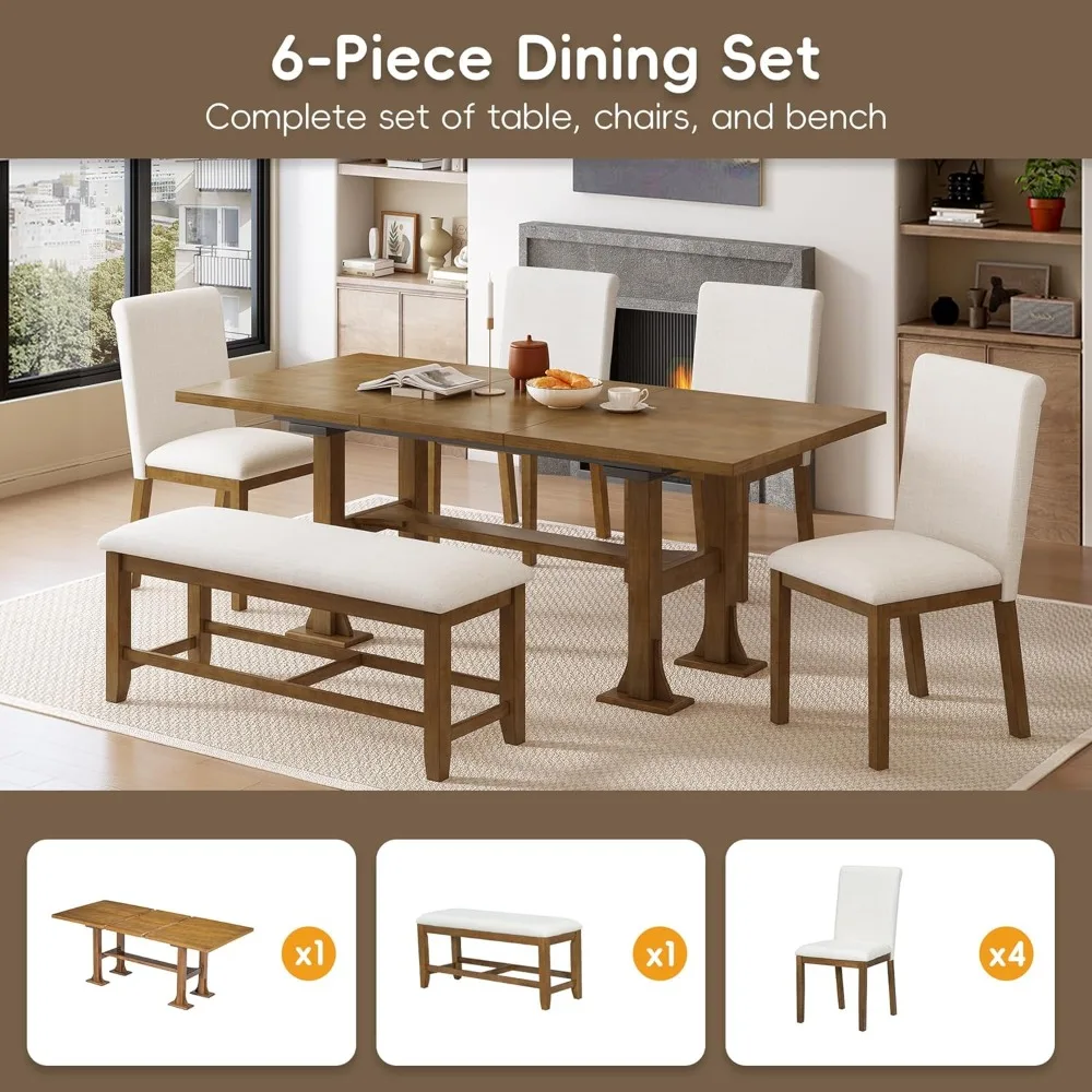 6-piece dining table set, solid wood rectangular extendable table, 8