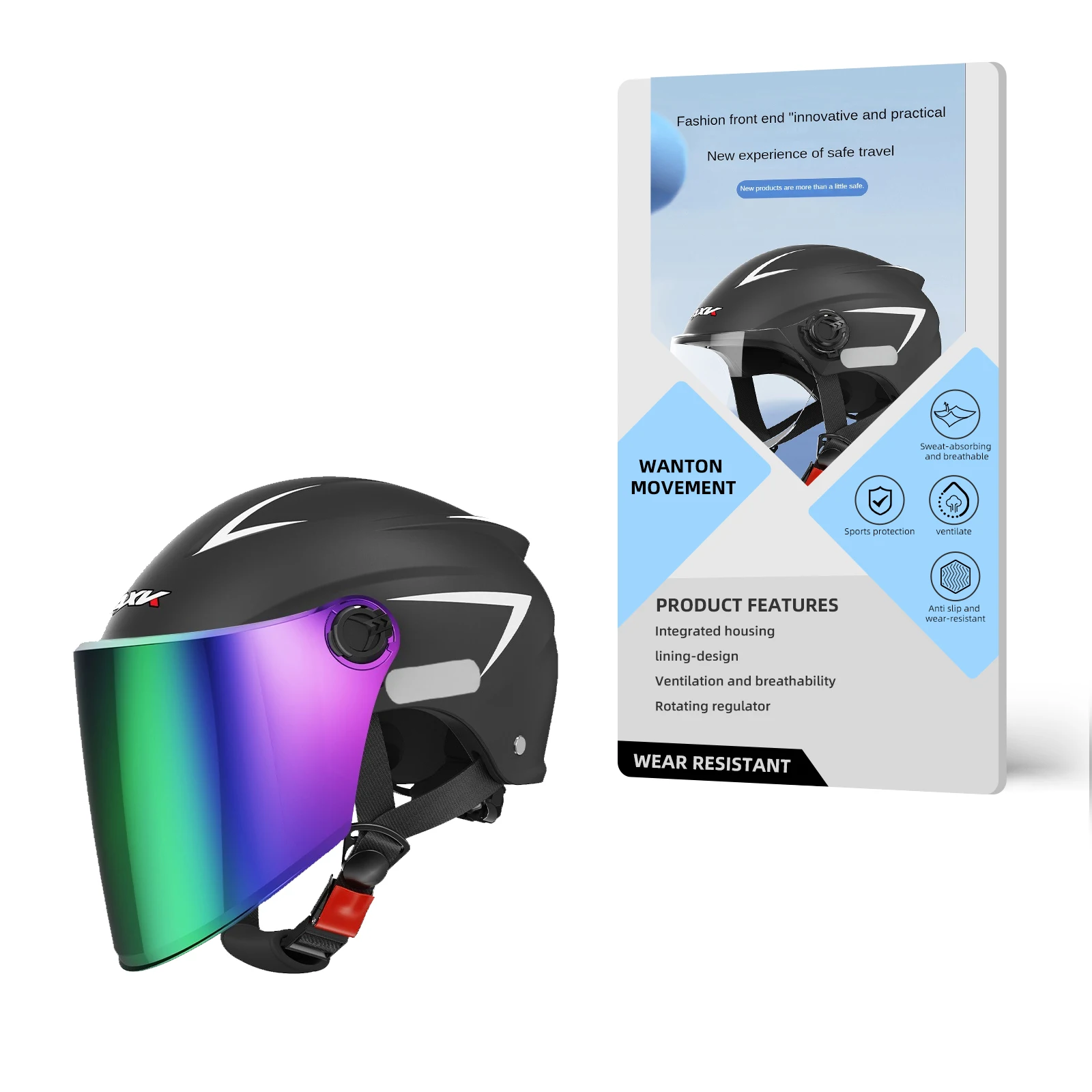 Elektrische motorhelm, zonbestendige en ademende halve helm, all-season universele veiligheidshelm