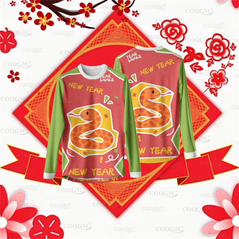 2025 Chinese New Year Graphic Sweatshirts Golden Snake Flower 3D Print Long Sleeve Pullovers Harajuku China Unisex Tracksuit Top