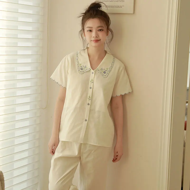 Women Summer 100% Cotton Short Sleeves Nightwear Turn-Down Collar Embroidery Cardigan Sleepwear Two-Pieces Long Pants Pajama Set