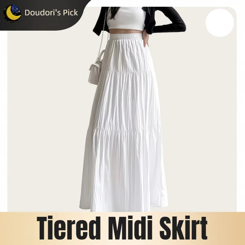 Korean Casual Style Women's Spring and Summer High-Waisted Elastic Band Lined White Layered Mid-Length Skirt