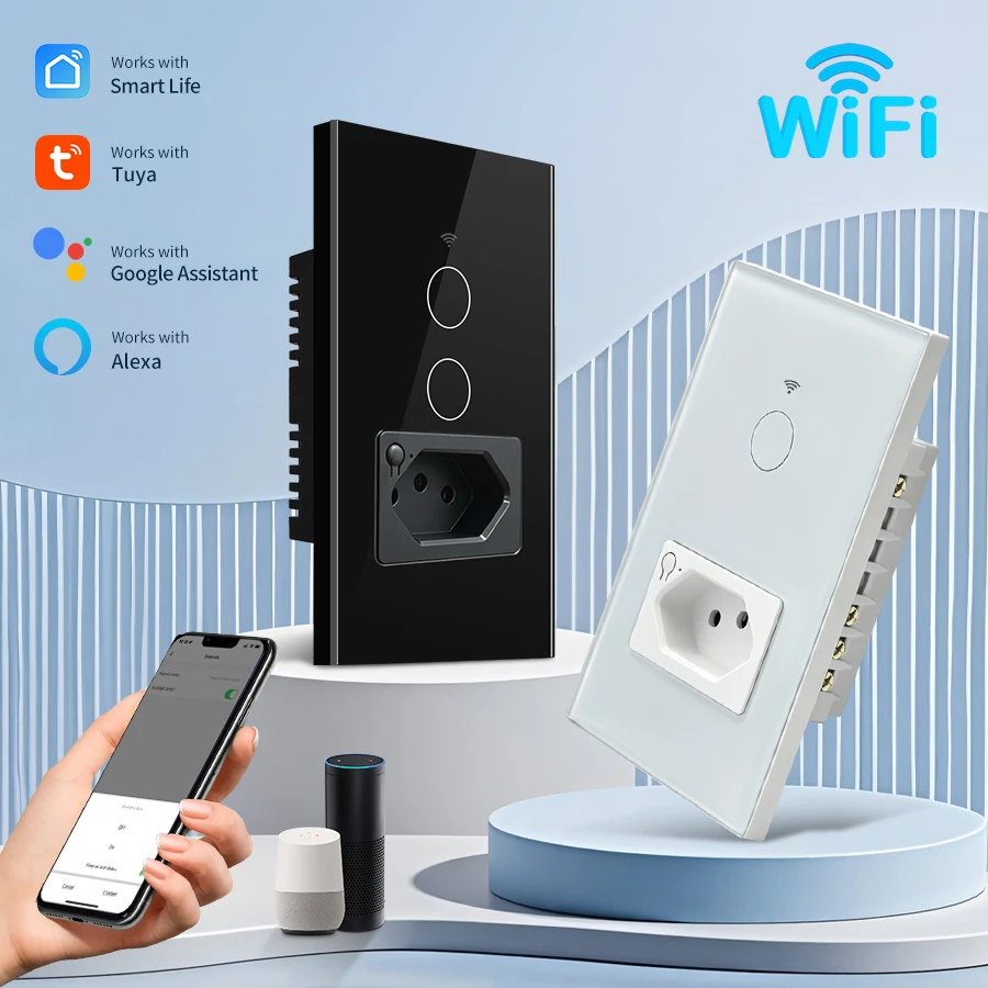 Tuya WiFi Smart Switch with Brazil Socket 1/2 Gang Plug 10A Wall Touch Light Switches Work with Smart Life App Alexa Google Home