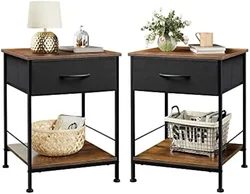 Nightstand Set of 2, End Table with Fabric Storage Drawer and Open Wood Shelf, Bedside Furniture Steel Frame,