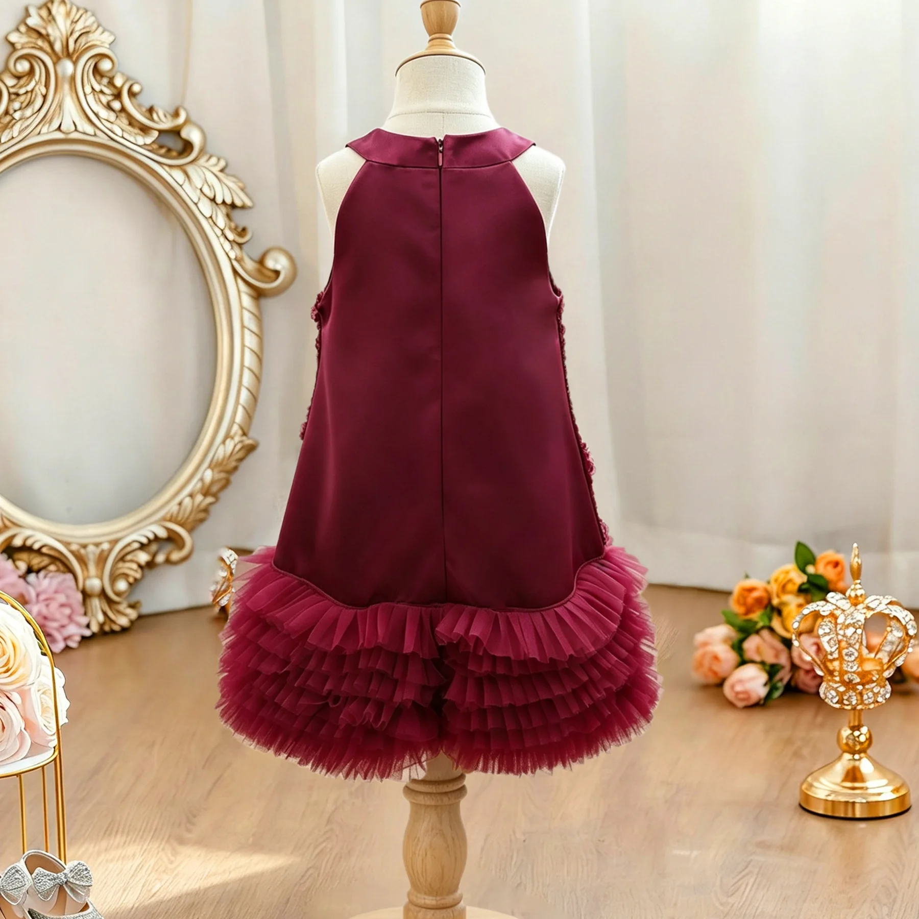 2026 New Baby Summer Wine Red  Boutique Sequined Mesh Vest Dress, Princess Kids Sweet Fashion Party Dress 3-8T