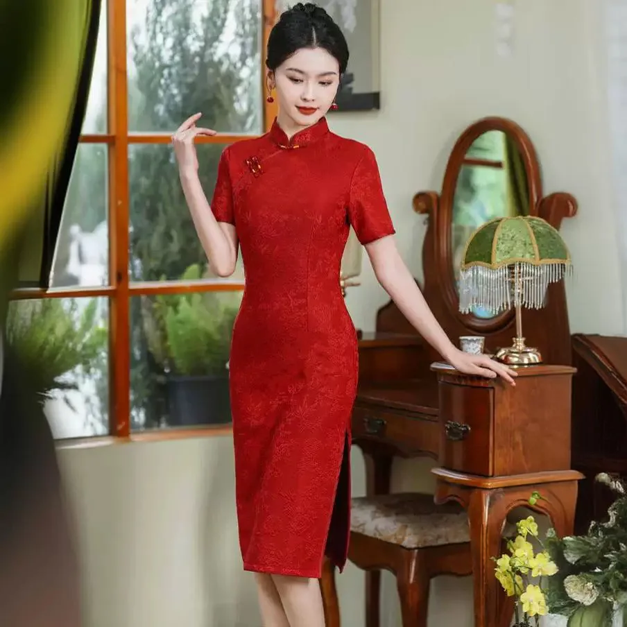 

Yourqipao Knitted Jacquard Chinese Wedding Cheongsam 2024 New Women's Wedding Engagement Qipao Dress