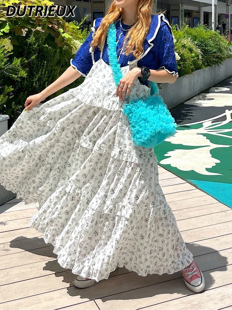 

Summer New Ruffled Layered Printing A-line Cake Maxi Dress Sweet Cute Girls All-matching Large Swing Sling Long Dresses