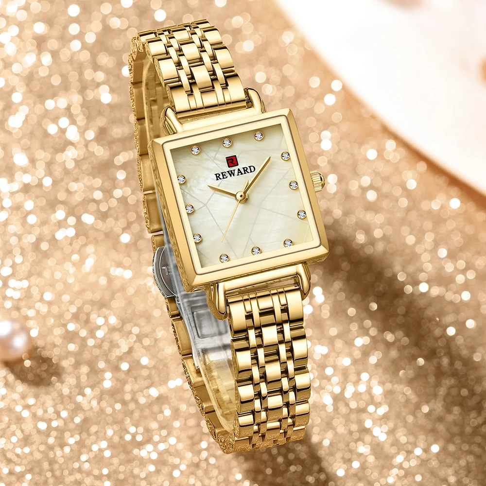 REWARD Womens Watches Fashion Luxury Golden Watch for Women Casual Waterproof Quartz Ladies Stainless Steel Wrist Watch