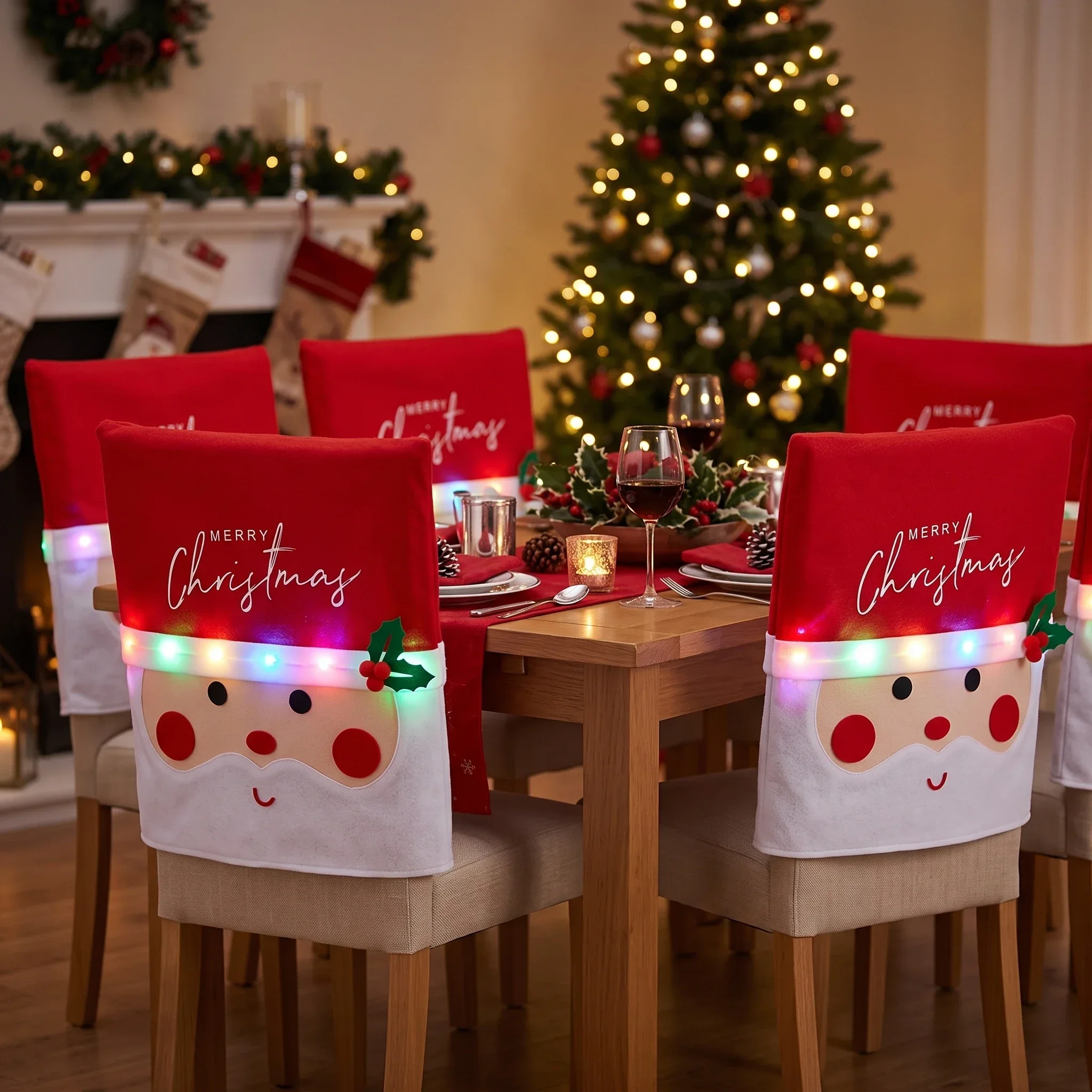Christmas Lighted Santa Chair Cover Cartoon Santa Face Chair Back Sleeve Xmas Dinner Table Home Party Holiday Decor Supplies