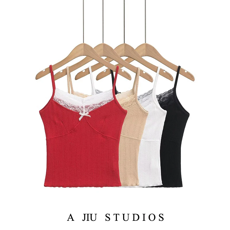 

Pure Desire Sexy Lace Splice Knot Strap Vest Women Summer Outdoor Wear Slim Fit Inner Match Hot Girl Beautiful Ba...