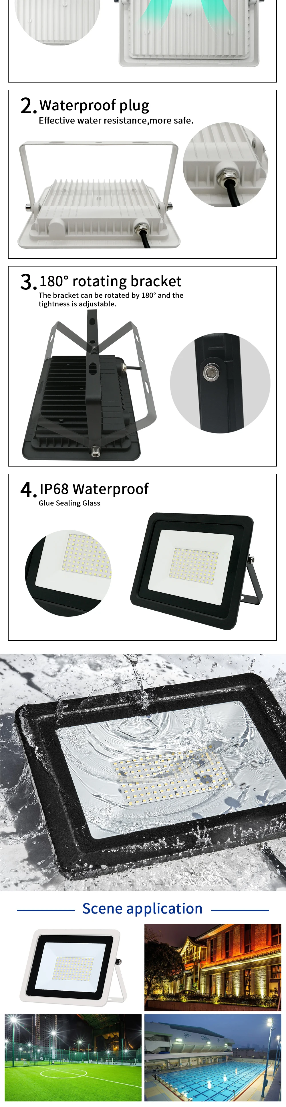 LED Flutlicht 10W 20W 30W 50W 100W AC 220V Reflektor Scheinwerfer Straße Licht wand Lampe IP68 Wasserdichte Outdoor Garten Beleuchtung – Detail 3