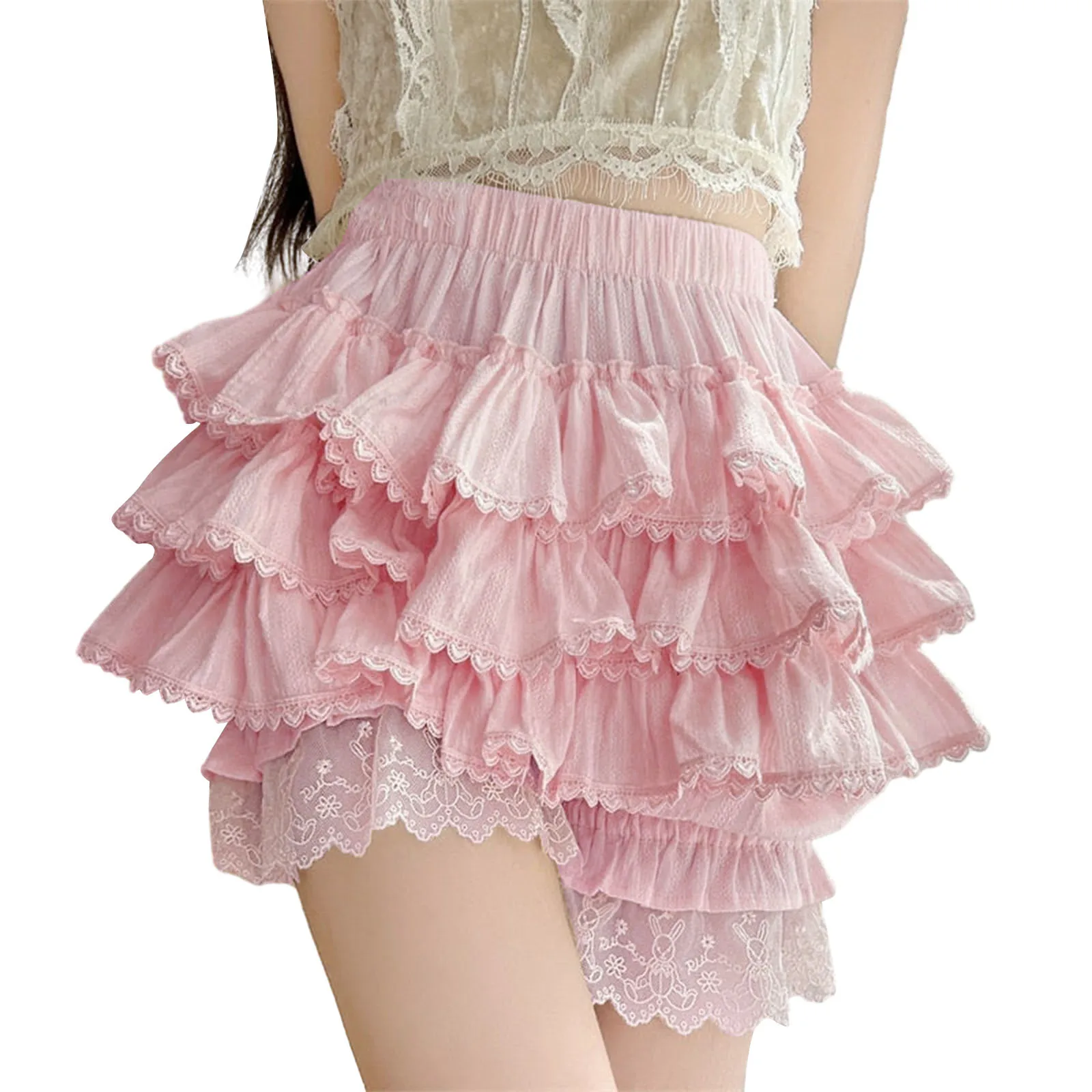 

2024 Summer Women's Elastic Waist Casual Shorts Fashion Solid Color Ruffled Lace Trim Sweet Tiered Tulle Culottes Shorts