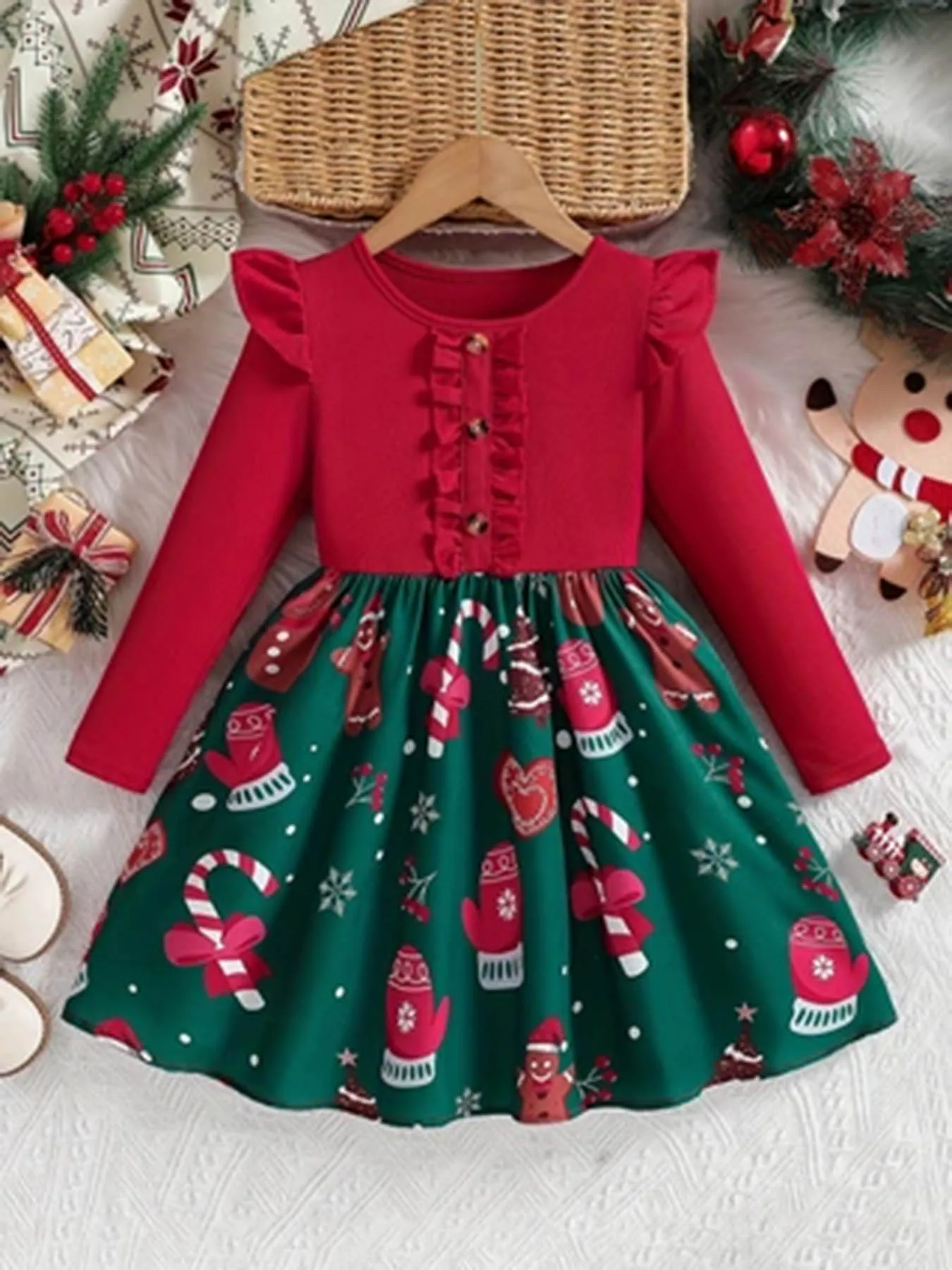 Girls' Christmas Long‑Sleeve Dress, Flutter Sleeve, Ruffled Placket, Gingerbread Man & Candy Cane Print, Christmas‑Themed Holida