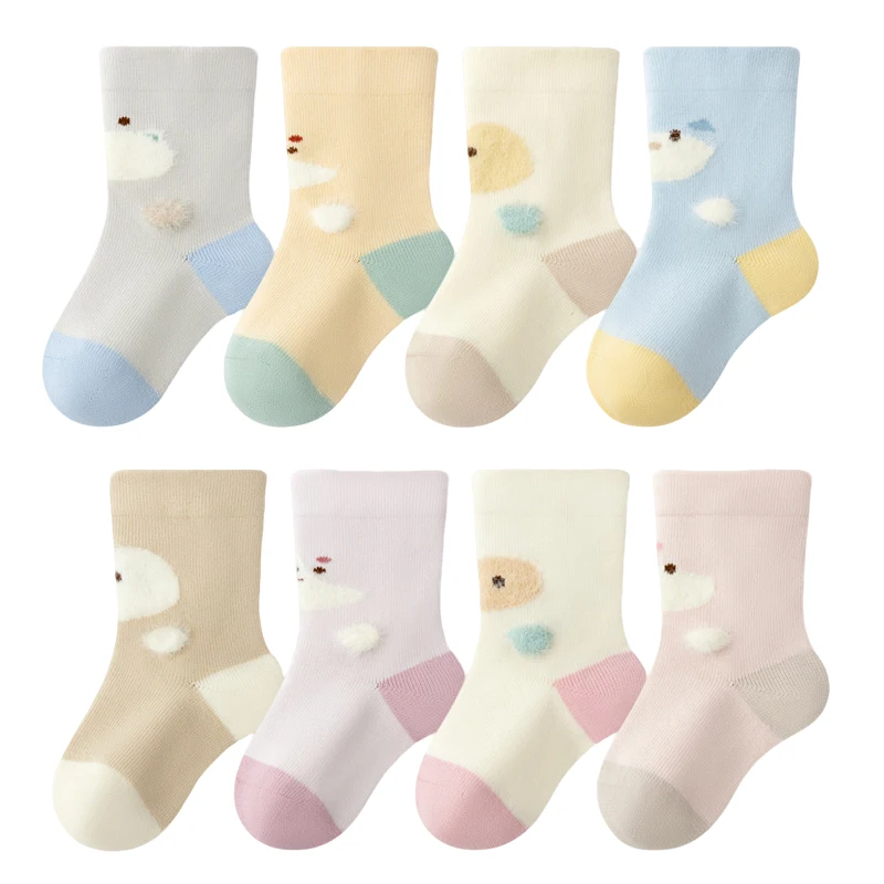 4 Pairs Cute Cartoon Baby Socks Pastel Color Block Mid Calf Infant Socks Elastic Toddler Socks For Boys Girls