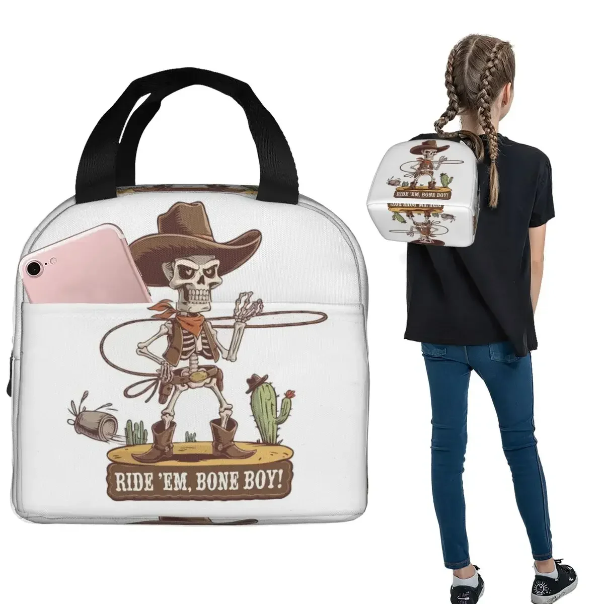 Western Cowboy Skeleton Halloween Cowpoke Insulated Lunch Bag for Women Children Portable Food Boxes Thermal Lunch Box Tote