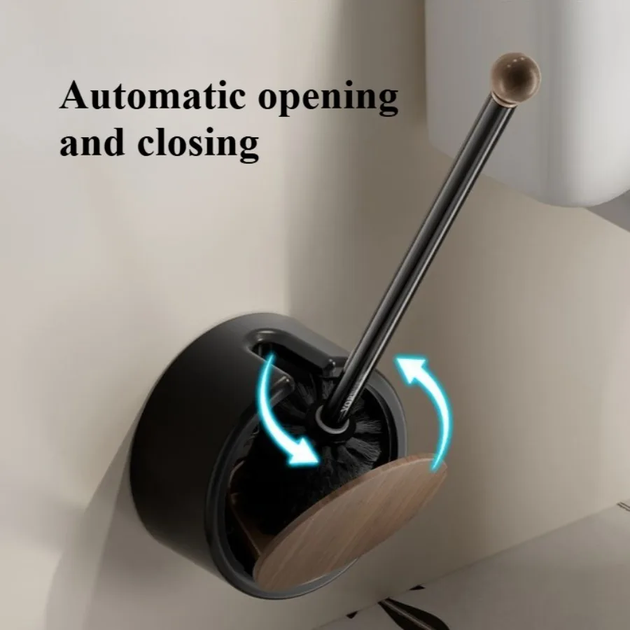 壁掛けトイレブラシ ドリル不要、取り外し可能な木目調ロングハンドル、バスルームクリーニングツール＆アクセサリー