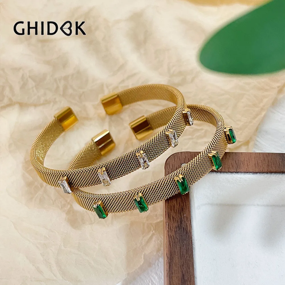 GHIDBK New Tarnish Free Gold Plated Mesh Bracelet with Baguette Cz Zircon Stainless Steel Statement Wide Open Cuff Bangle Women