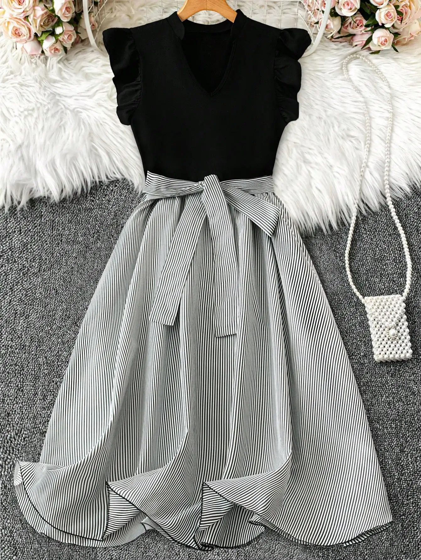 

Black V-Neck Ruffle Sleeve Dress with Striped High-Low Skirt