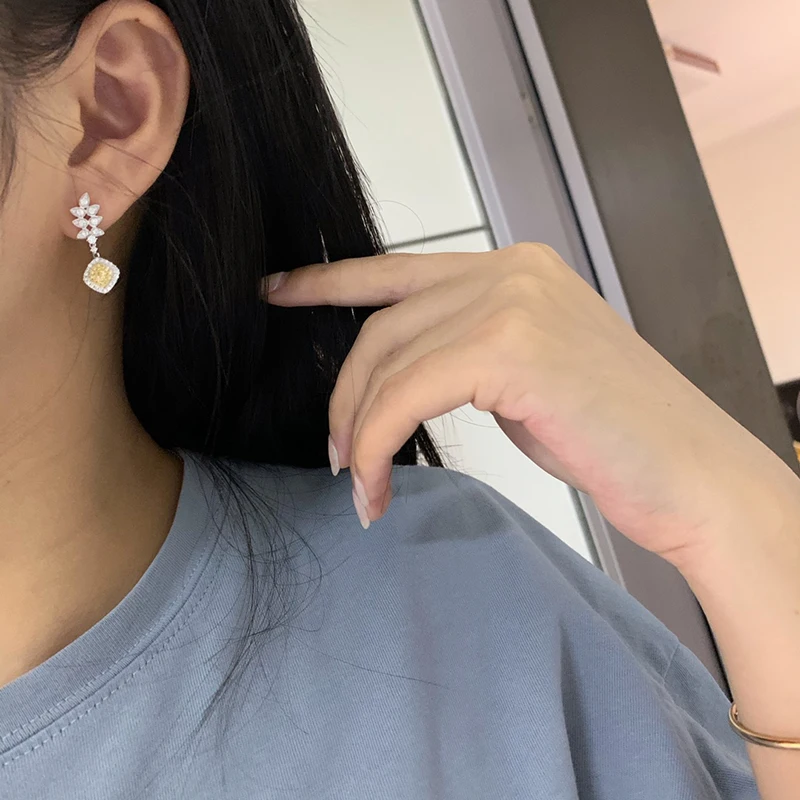 LUOWEND 100% 18K White Gold Earrings Fashion Design Real Natural Yellow Diamond Drop Earrings for Women High Wedding Jewelry