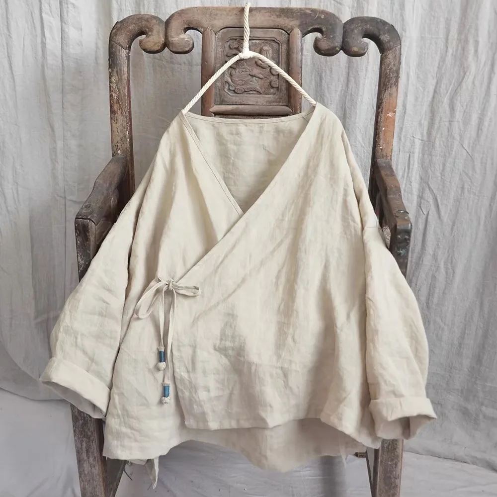 High-End Hanfu Cross Collar Buttoned Asymmetrical Hem Linen Open Cardigan Women's Long Sleeve Shirt Not Easy to Deform