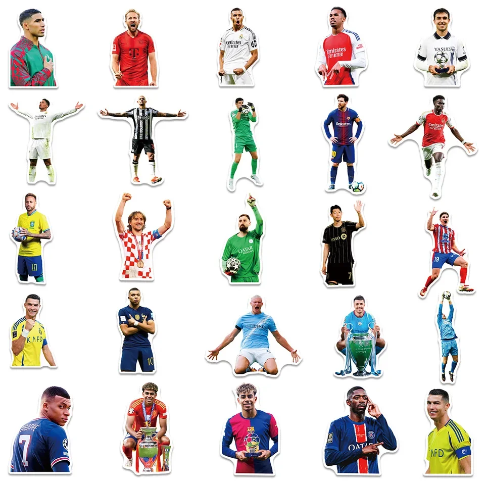 Football-themed waterproof vinyl decals set featuring 50 unique soccer action designs ideal for laptops water bottles phones and