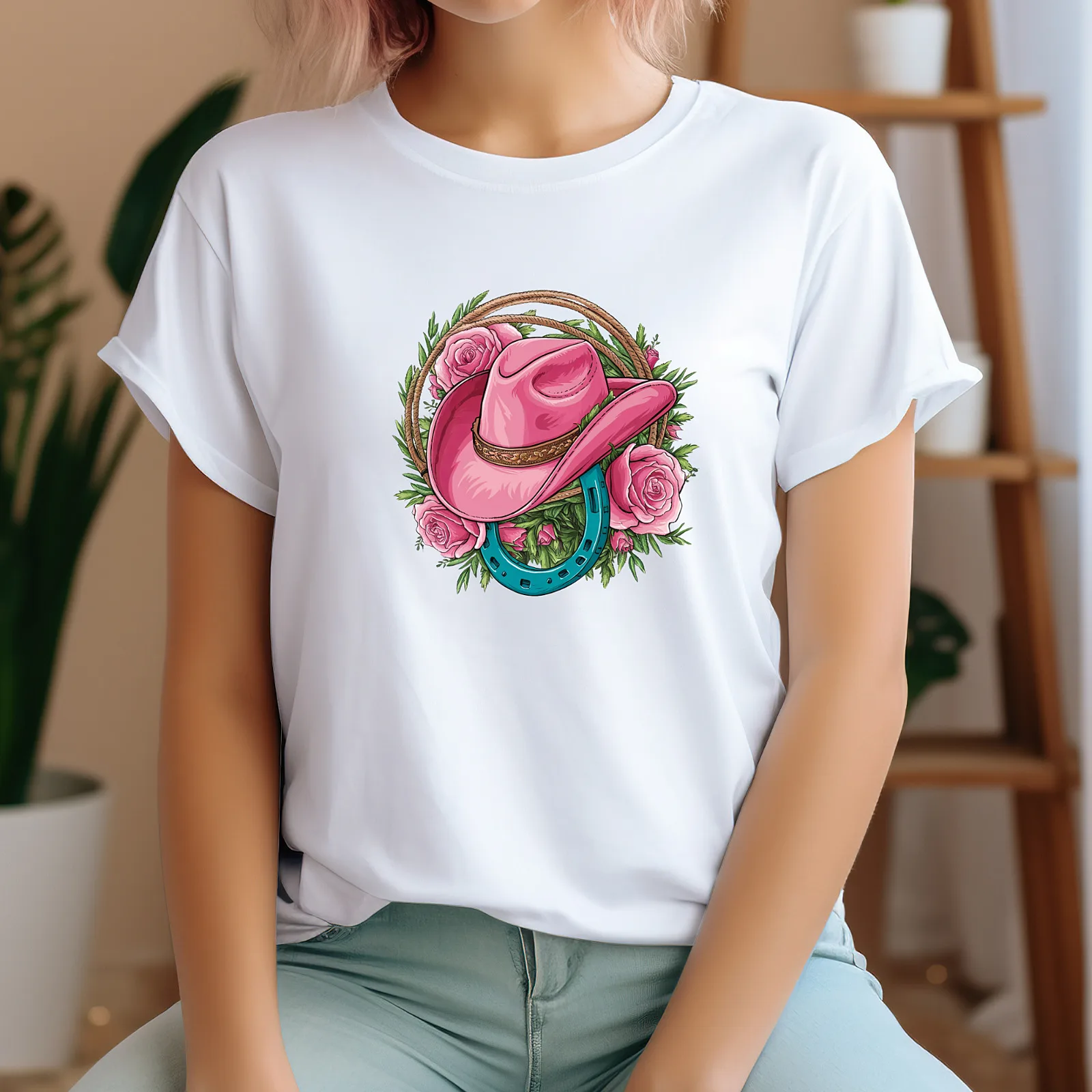 Cowgirls Pink Hat Flower Western Vibes Unisex Women Cowgirl Inspired T Shirt