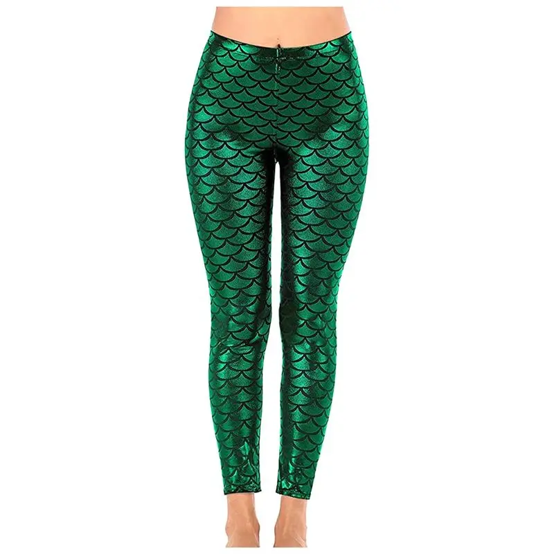 Women's Mermaid Legging In Shiny Green Fish Scale Design High Waisted Stretch Pants For Casual And Party Wear Eco-Friendly