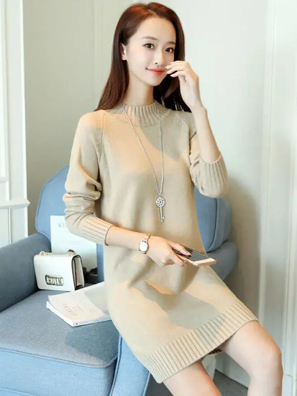 

Loose Knitted Mid-Length Sweater Long Sleeve Half High Collar Women's Versatile Korean Style Bottoming Shirt Commute Style
