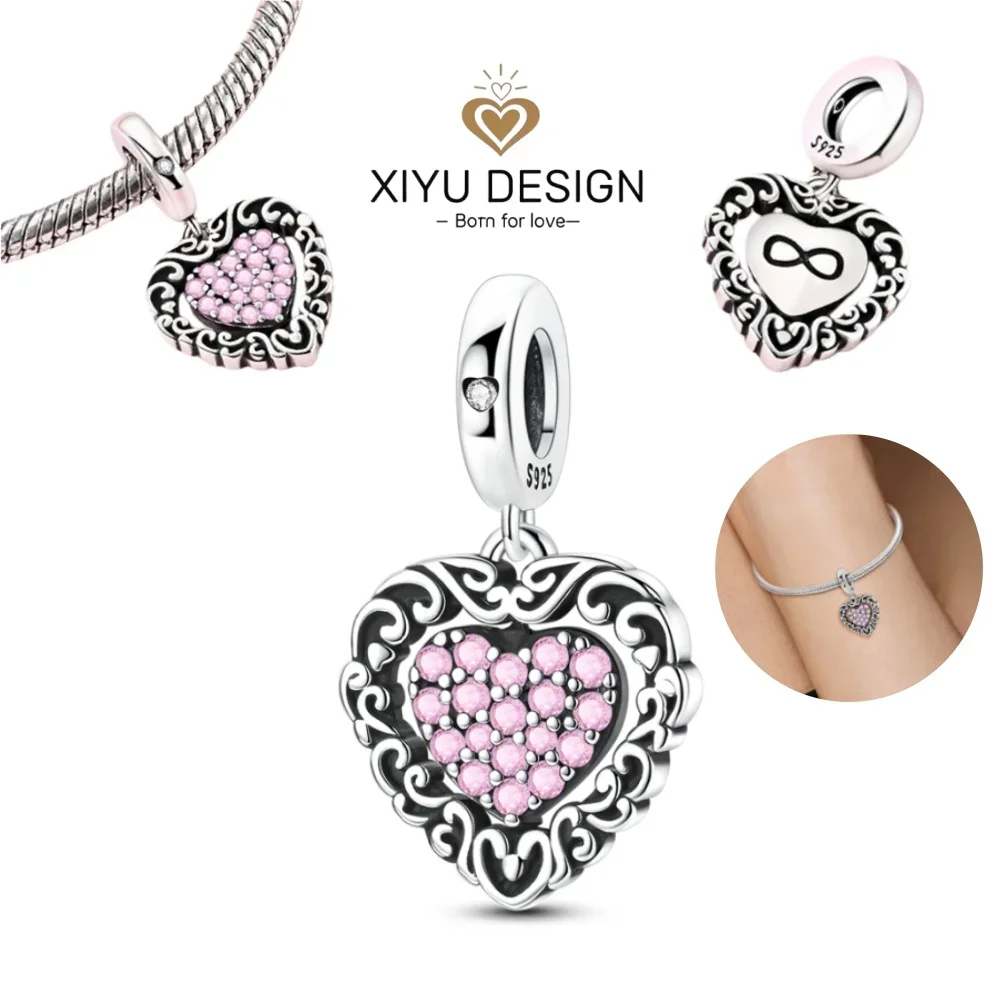 

Valentine's Day Sparkling Zircon Rotatable Pink Heart 925 Sterling Silver Charm Pendant DIY Bracelet Necklace Women Jewelry Gift