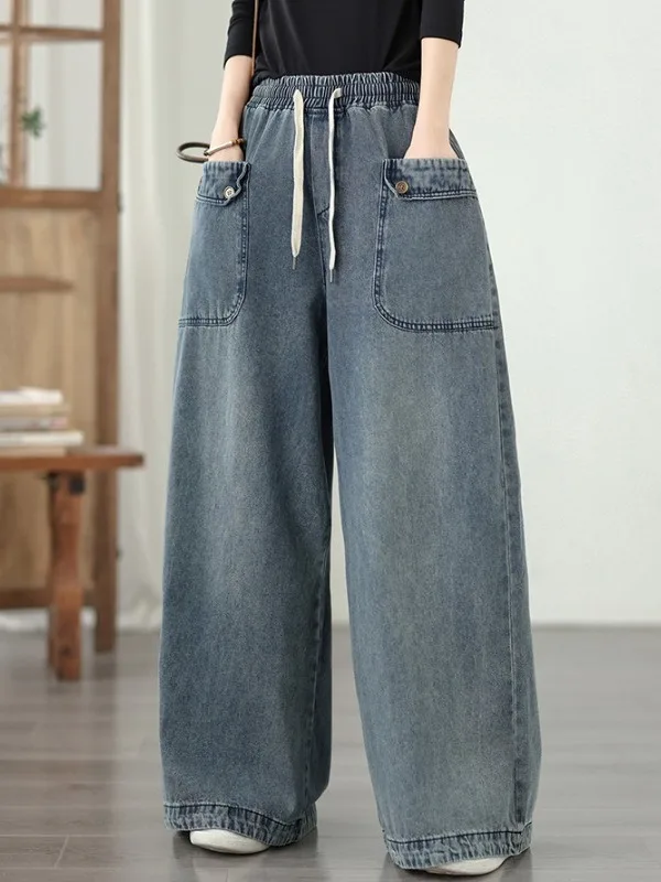 Large Pocket Distressed Washed Loose Wide Leg Jeans High Waist Casual High Waist Cotton Polyester Blend Spring Ladies Jeans