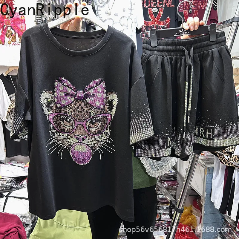 

Trendy New Spring Summer Women Two-piece Set Luxury Hot Drilling Loose Short Sleeve T-shirt Top + Elastic Waist Wide Leg Shorts
