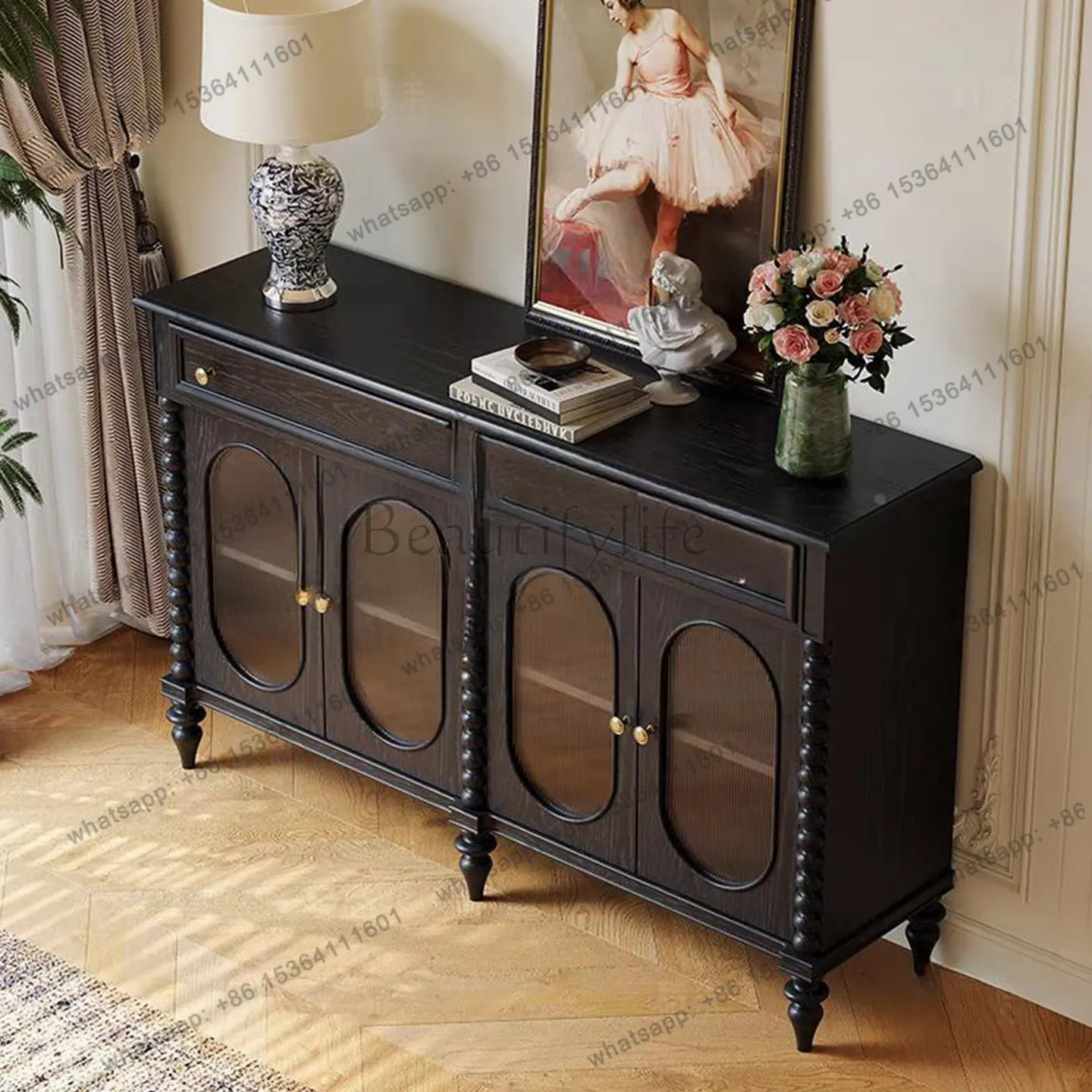 

American retro dining side cabinet Middle antique solid wood side storage cabinet against the wall