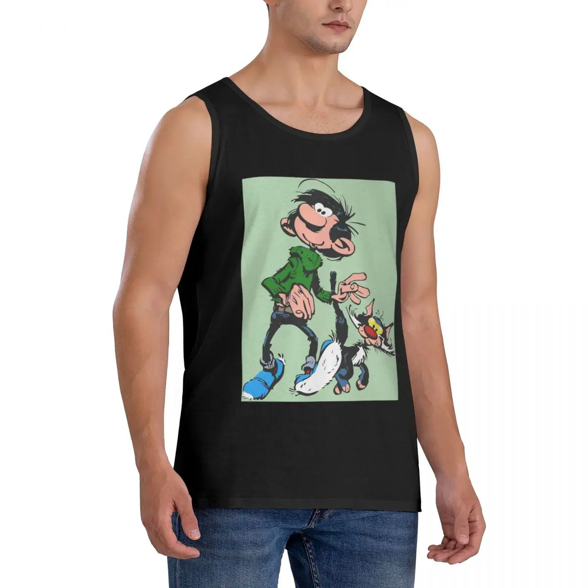 100% Cotton Gaston Lagaffe Big Ben Head Sleeveless T-Shirt Men Workout Sports Clothing Tops Men's Crew Neck Vest