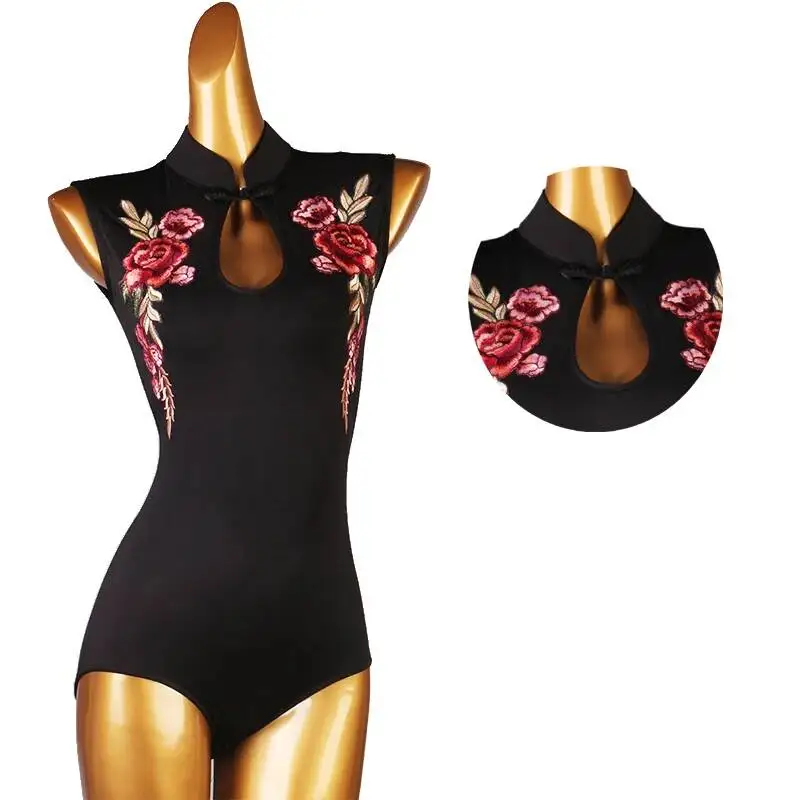 

High collar flower embroidery mesh Modern Dance Top Women Ballroom Samba Latin american Waltz cha cha tango samba practice wear